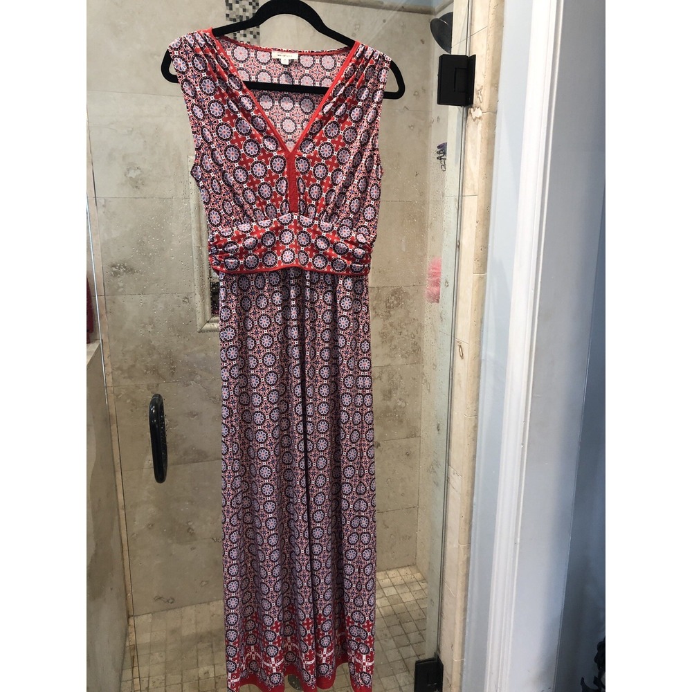 Max Studio Women Red Blue Geometric Boho Stretch Maxi Dress M